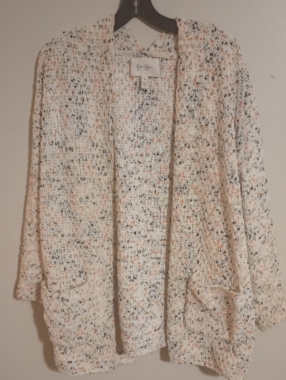 Jessica Simpson Ivory Speckled Bouclé Knit Open Front Loose Weave Cardigan
